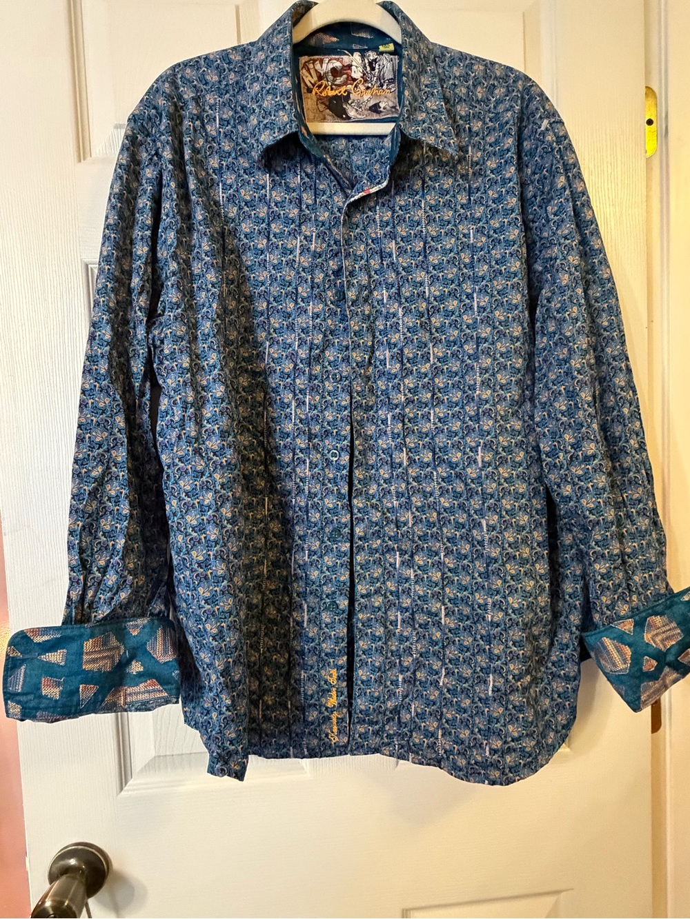 Robert Graham Men's Woven Geometric Button-Up Shirt Blue Size 2XL Long Sleeve